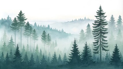 Fototapeta premium Watercolor Misty Forest Teal Conifers and Foggy Landscape
