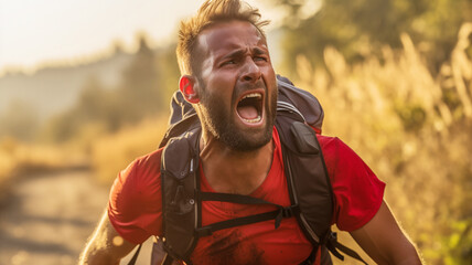 Fototapeta premium Tired hiker screaming with backpack on mountain trail at sunset, expressing effort and exhaustion