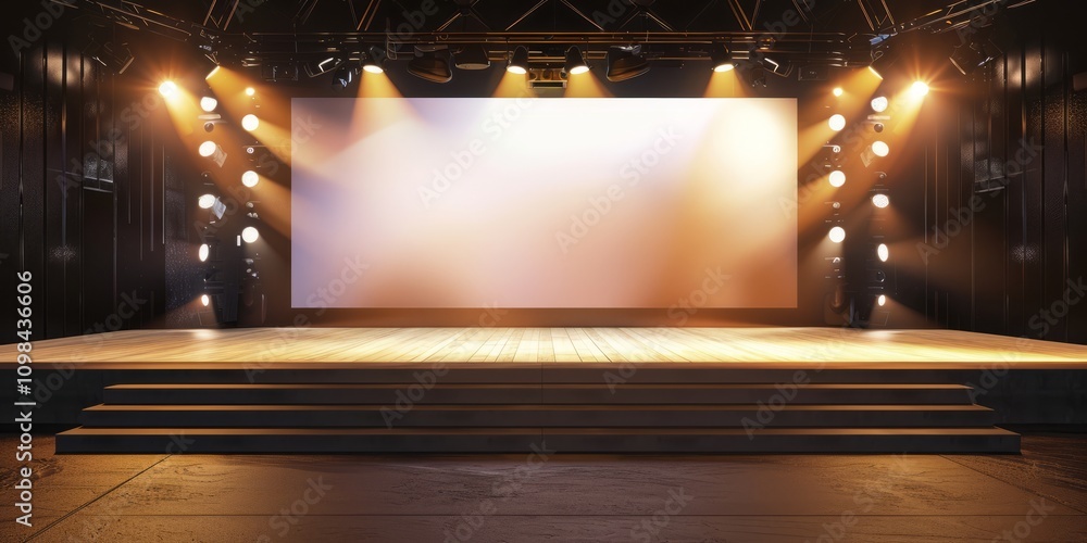 Poster empty stage with dramatic lighting and large screen in a modern theater, ready for a performance or 