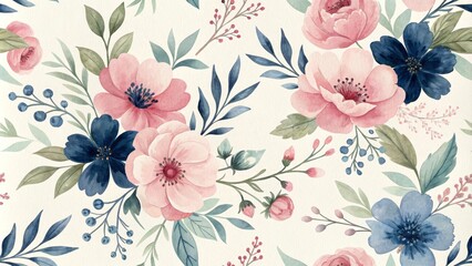 Obraz premium Watercolor Floral Seamless Pattern Pink and Blue Blooms on Cream Background