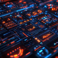 Fototapeta premium Abstract depiction of a digital control panel with multiple sliders representing different business processes, [Process Control], [Operational Efficiency].