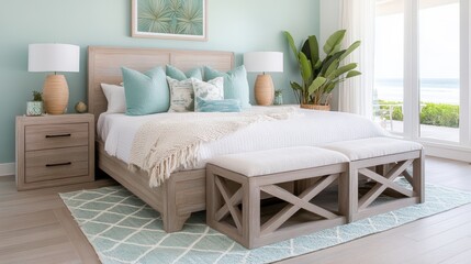 Fototapeta premium Coastal Chic Bedroom Retreat: A serene and inviting bedroom interior designed in a coastal style. The light and airy space features a plush bed with soft bedding, a beautiful rug.