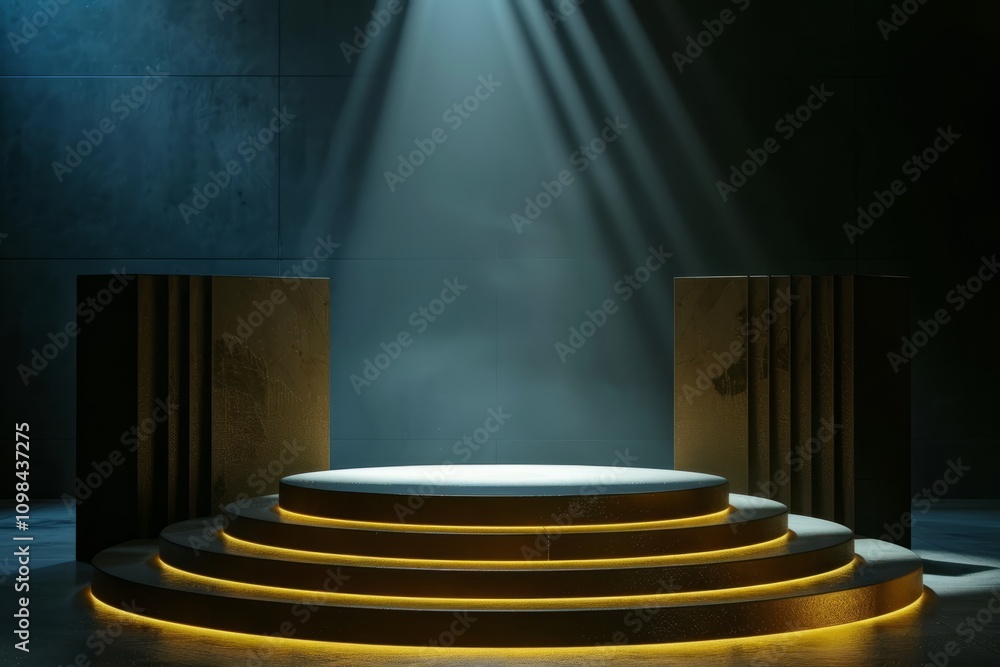 Poster a circular stage illuminated by a spotlight in a dark room, flanked by columns, creating a mysteriou