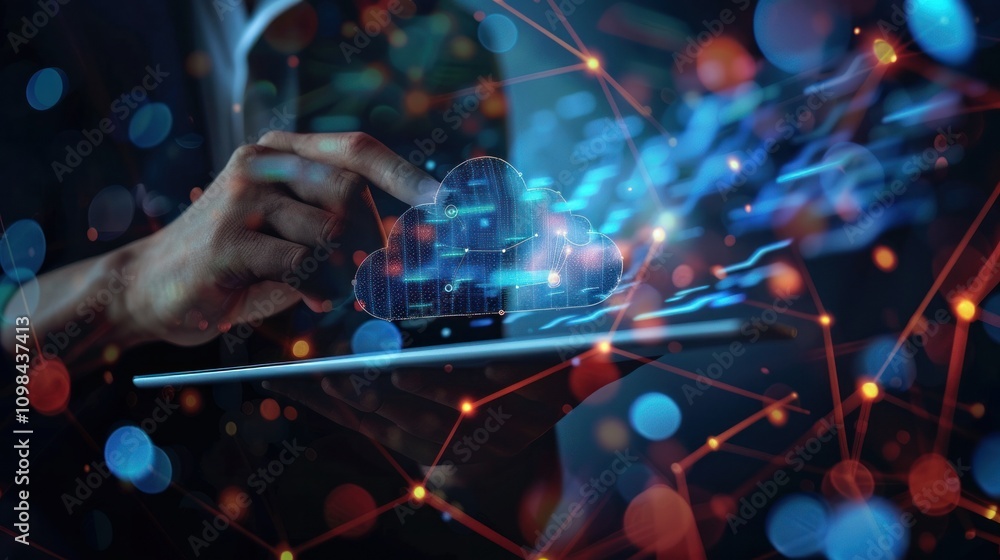 Poster photograph of digital network of interconnected cloud technology. businessman using a tablet with cl