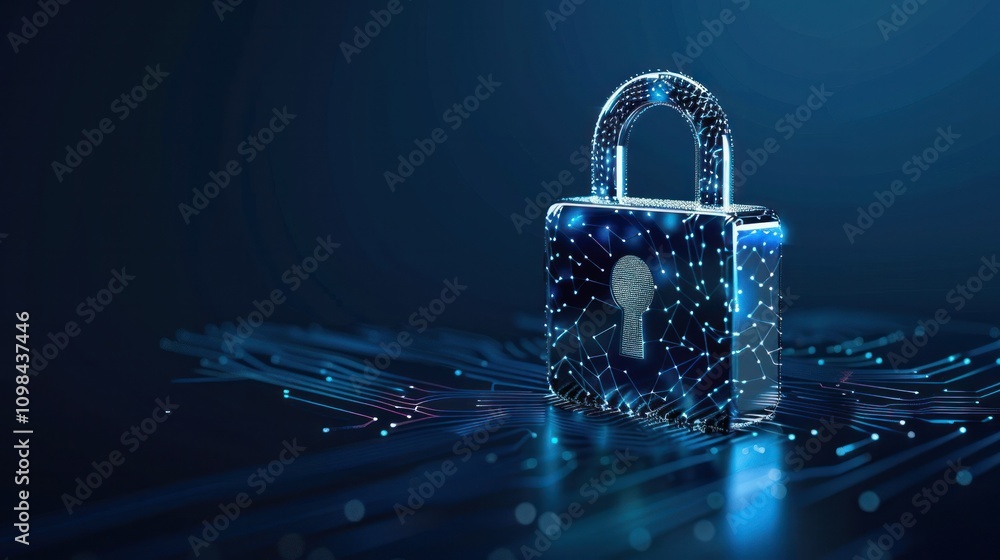 Poster photograph of digital padlock for computing system on dark blue background, cyber security technolog