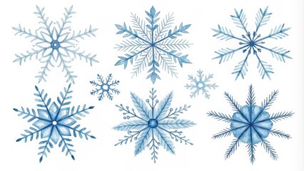 Fototapeta premium Watercolor Blue Snowflake Collection Winter Wonderland Design Elements