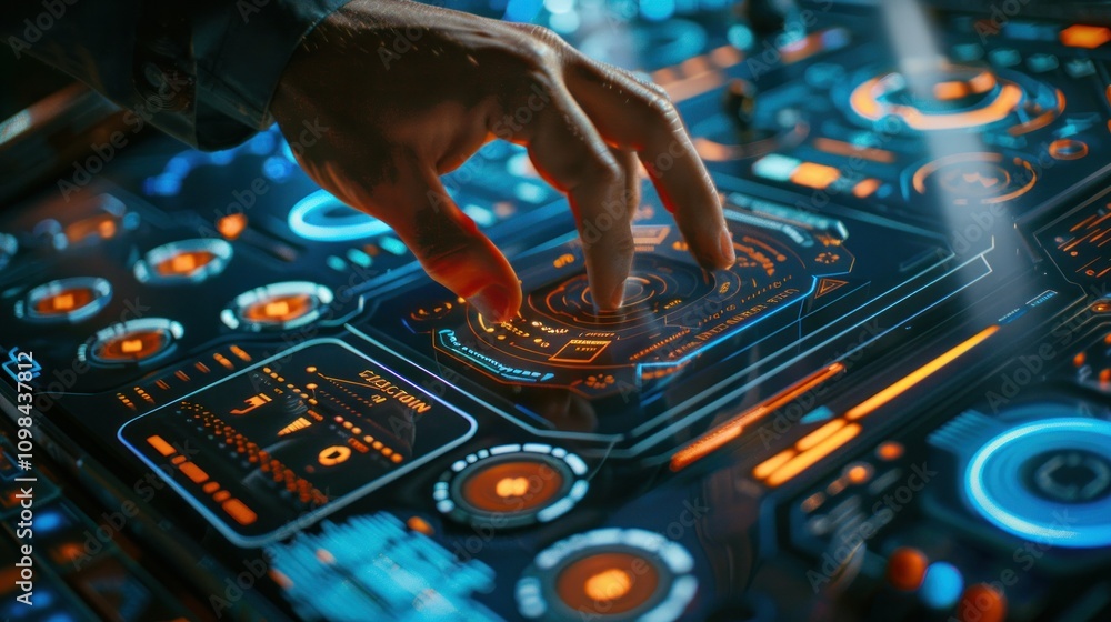 Poster photograph of digital screen of control panel in command center or cyber security office, hand of op