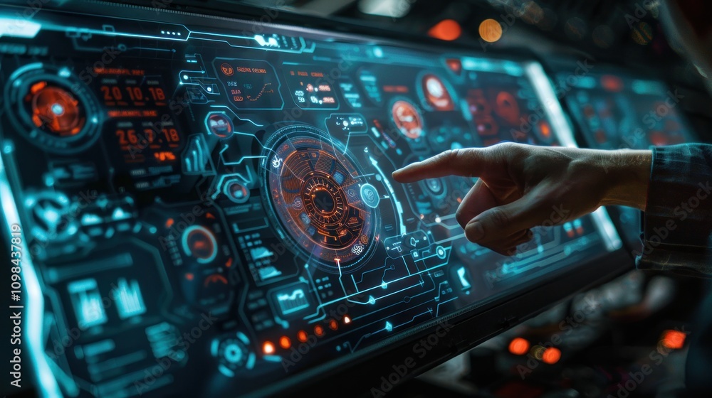 Poster photograph of digital screen of control panel in command center or cyber security office, hand of op
