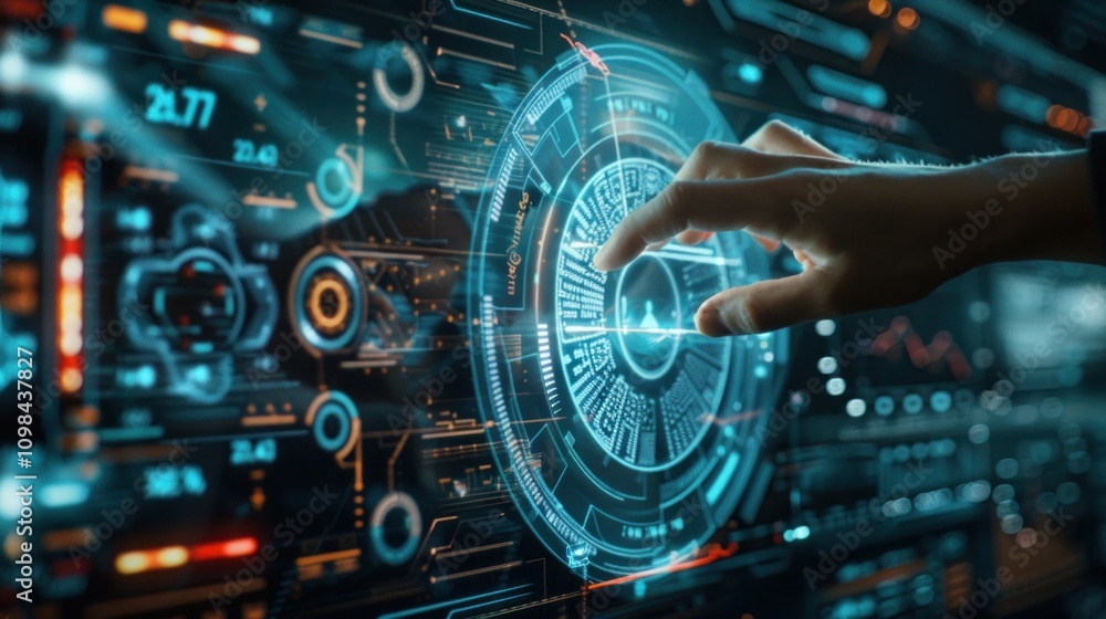 Poster photograph of digital screen of control panel in command center or cyber security office, hand of op