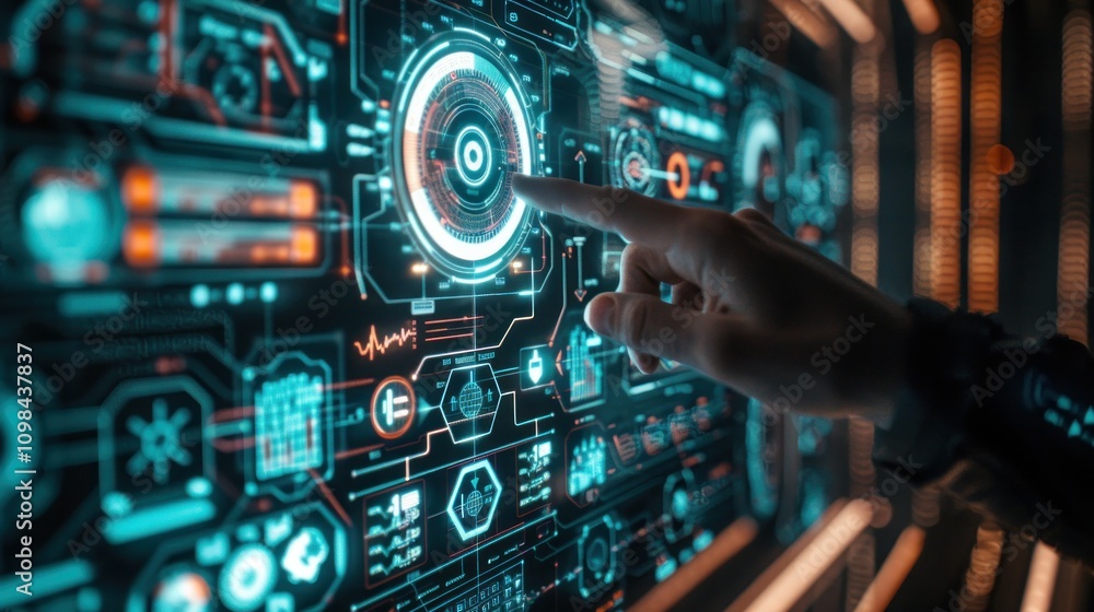 Poster photograph of digital screen of control panel in command center or cyber security office, hand of op