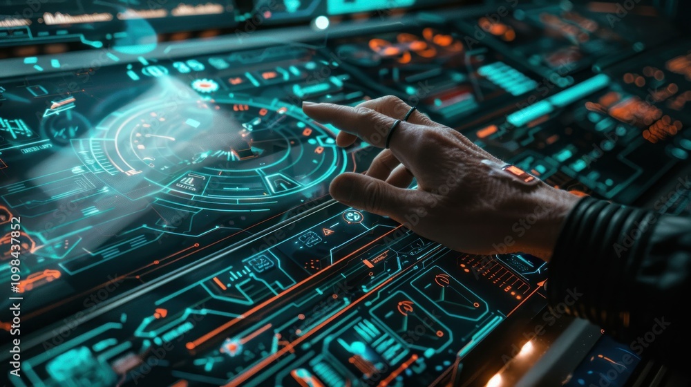 Poster photograph of digital screen of control panel in command center or cyber security office, hand of op