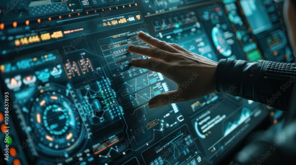 Poster photograph of digital screen of control panel in command center or cyber security office, hand of op