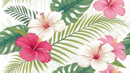 Fototapeta premium Tropical Hibiscus and Palm Leaf Seamless Pattern Floral Illustration