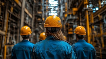Group of workers in protective helmets walking through a towering steel structure, showcasing teamwork and safety on a busy construction site during the day