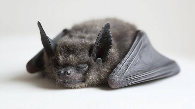 Close-up of a serotine bat sleeping with its wings folded, showcasing its delicate features against a white backdrop