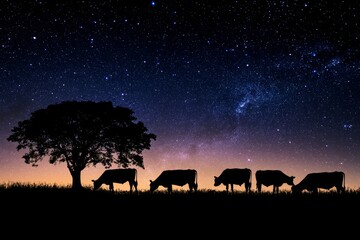 Naklejka premium Silhouette of cows and tree against a starry night sky, capturing the serene beauty of rural life.