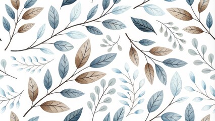 Seamless Watercolor Botanical Pattern Blue and Brown Leaves on White Background