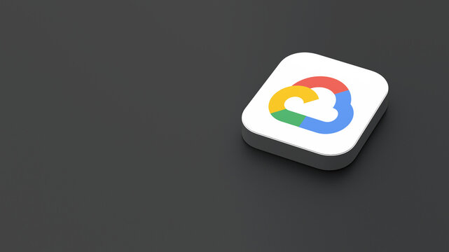 3D-rendered icon of the Google Cloud app logo, featuring a sleek, minimalistic design. The logo appears on a dark gray background within a white square with rounded corners.