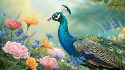 Obraz premium Peacock Amidst Spring Blooms A Vibrant Digital Painting