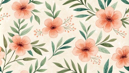 Fototapeta premium Peach Watercolor Floral Pattern Repeating Bloom Design on Beige Background