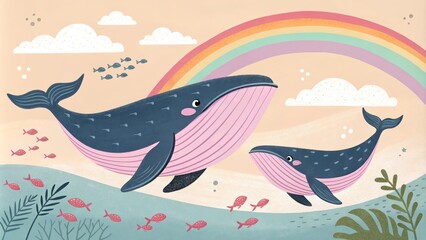 Obraz premium Pastel Whale Family Under Rainbow Digital Illustration
