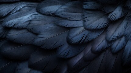 Obraz premium Captivating close-up view of lush dark blue feathers, intricately layered and displaying a stunning array of textures and hues in natural light
