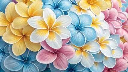Pastel Plumeria Close-Up Floral Composition of Yellow, Pink, and Blue Flowers