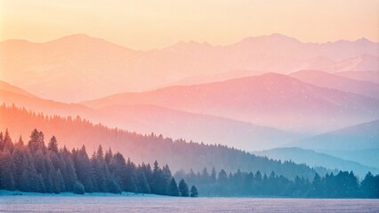 Pastel Mountains Winter Sunrise, Layered Landscape, Snowfall Effect
