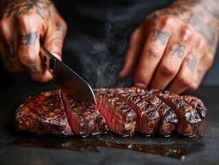 Tattooed Hands of a Chef Slicing a Medium-Rare Steak, Showcasing the Meat’s Texture and Juices

