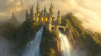 Fototapeta premium A fantasy castle built atop a waterfall, with glowing windows and surrounded by golden mist and rainbow light.