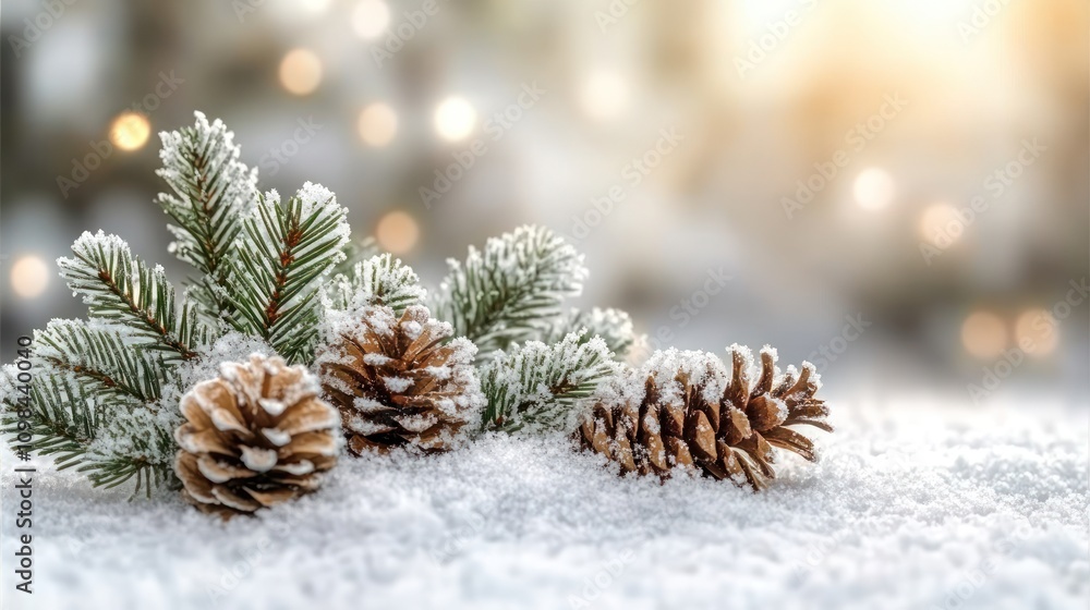 Poster pine cones and branches on snow with bokeh lights.