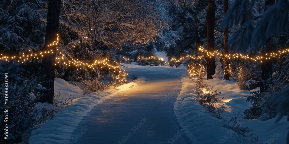 Poster a serene winter pathway illuminated by glowing string lights, surrounded by snow-laden trees, creati