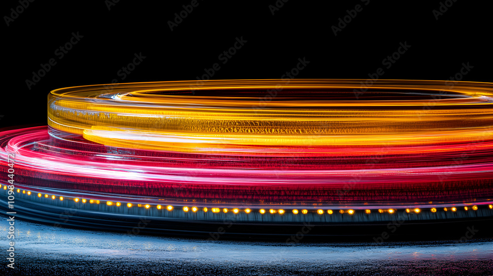 Poster abstract circular light trails, red and gold swirls on dark background, creating a dynamic and vibra