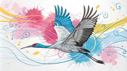Obraz premium Crane in Flight Abstract Watercolor and Line Art Composition
