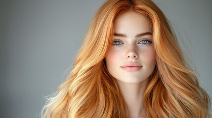 Naklejka premium The woman's flowing long blonde red hair cascades down her shoulders, framing her perfectly sculpted face as she gazes confidently into the camera with piercing blue eyes