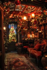 A warmly lit vintage room adorned with Christmas decorations, featuring a glowing tree and cozy seating.
