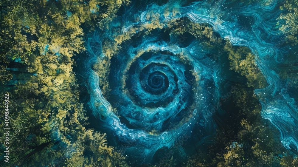 Poster a captivating aerial shot showcasing a forest with swirling blue and green patterns, creating a surr