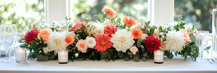 Fototapeta premium Elegant Coral and White Floral Centerpiece for Wedding Reception Table