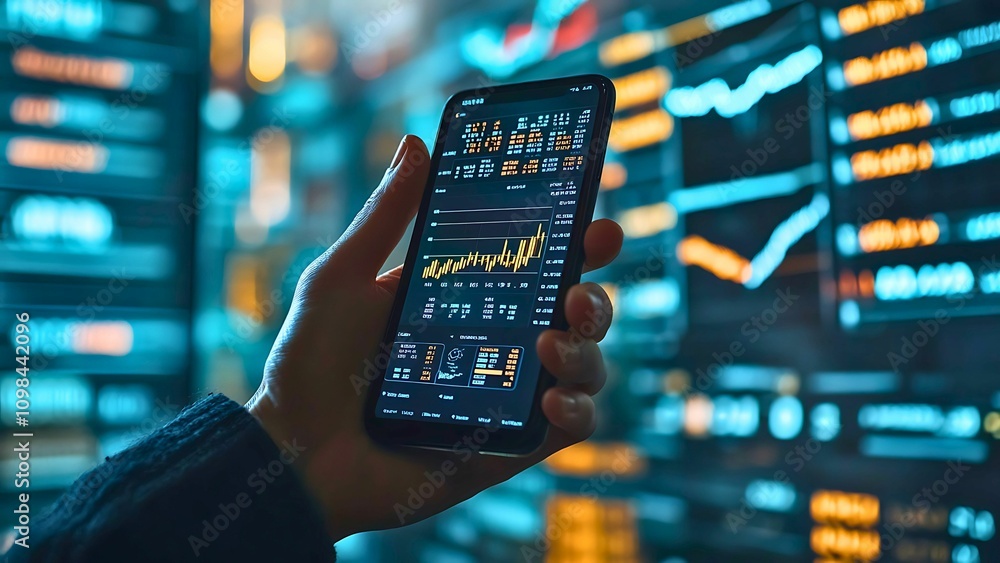 Poster mobile trading platform: hand holding smartphone displaying dynamic stock market graphs against a ba