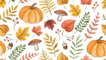 Fototapeta premium Autumn Watercolor Seamless Pattern Pumpkins, Mushrooms and Leaves