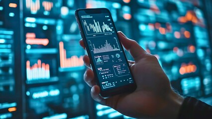 Mobile Market Analysis: Hand holding smartphone displaying dynamic graphs and charts against a backdrop of large data screens.  Visualizing financial data on the go.