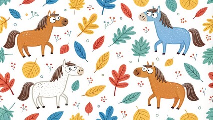 Obraz premium Autumn Horses A Repeating Pattern of Playful Ponies and Fall Foliage