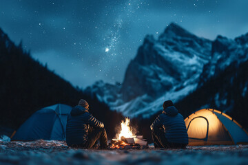 Climbers sitting around a campfire, tents in the background, starry night sky