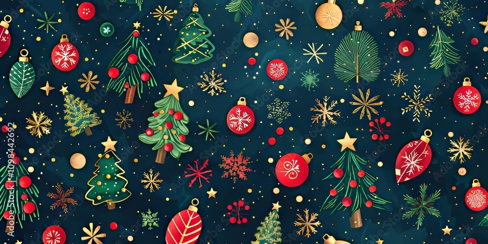 Poster A Christmas tree with a star on top and a red ball on the bottom. There are many other trees and balls in the background