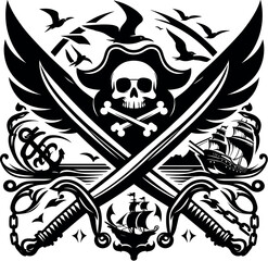Pirate sword vector black silhouette print design