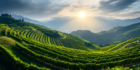 Sunlit Vineyard Terraces, Rolling Hills of Lush Green Grapes at Sunset