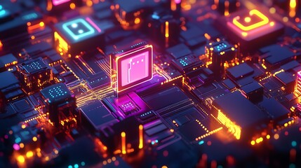 Fototapeta premium A vibrant, abstract representation of a microchip and circuitry with glowing elements.