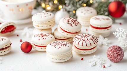 Fototapeta premium Festive Red and White Macarons with Winter Decorations on a Table