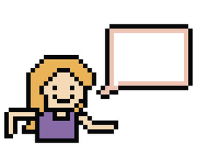 Fototapeta premium Cartoon pixel cute cartoon character face woman with chat blank decoration 8 bit female girl say speak discuss idea chat box cartoon pixel game png vector.