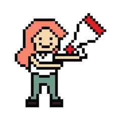 Obraz premium Cute pixel cartoon character woman with megaphone announcement speaker information announce decoration 8 bit female girl lady megaphone cartoon pixel game png vector.